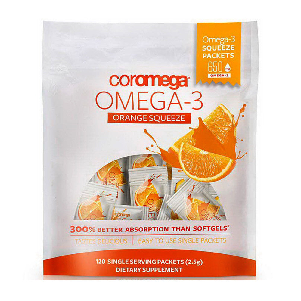 Coromega Omega 3 Fish Oil Squeeze Packets Supplement 650mg, Orange Flavor, 120 Ea